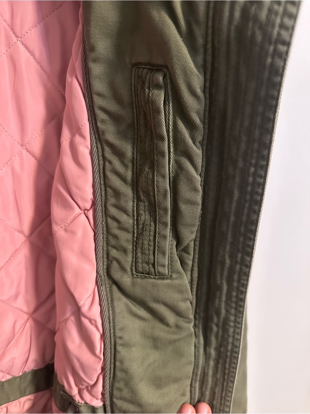 Tommy Hilfiger Olive Green Hooded Utility Jacket Pink Quilted Lining Size Medium - Picture 7 of 9